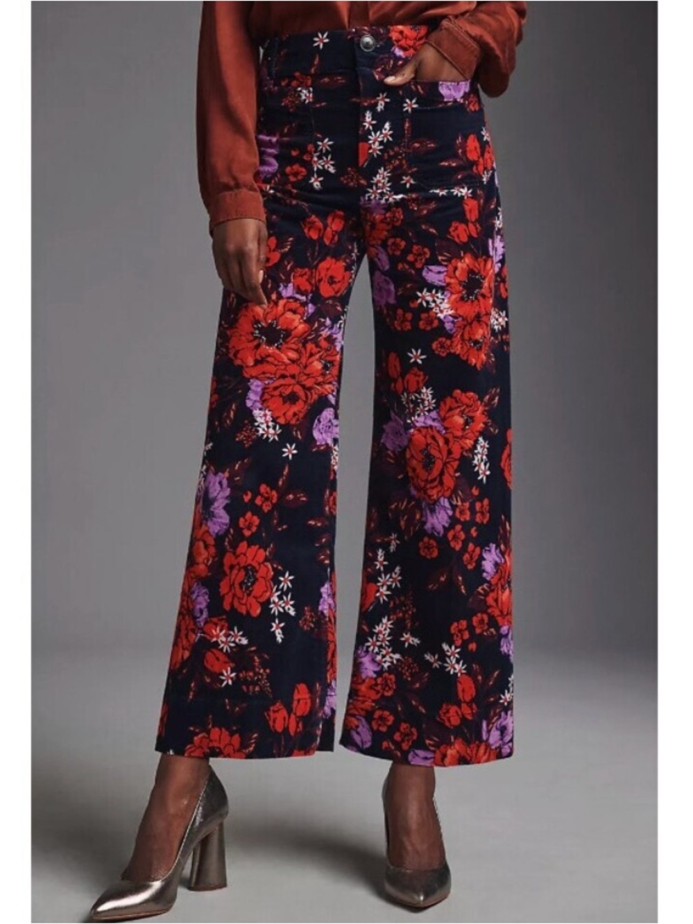 Anthropologie Maeve Colette Velvet Floral Wide Leg Cropped Pants